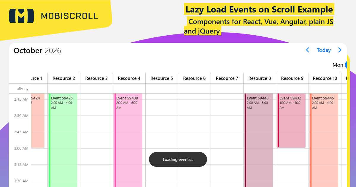 Vue Scheduler Load Events on Scroll Example | Mobiscroll