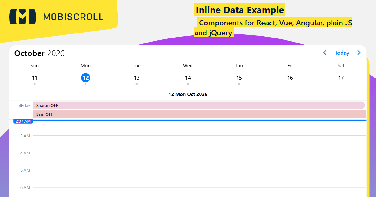 Inline Loading Example JQuery Scheduler Add Events with Inline Data Example | Mobiscroll