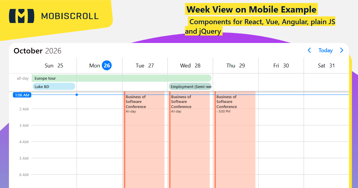 JQuery Scheduler Mobile Weekly View Example | Mobiscroll