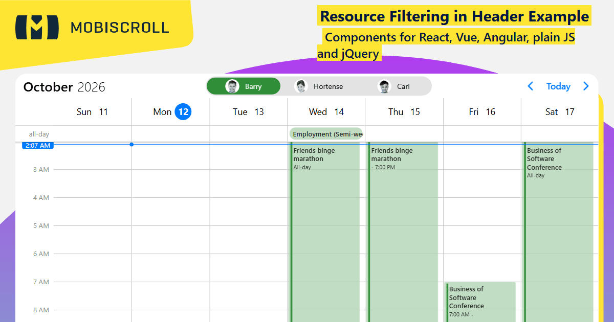 React Scheduler Resource Filtering in Header Example | Mobiscroll