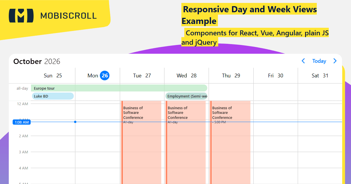 JQuery Scheduler Responsive Day/Week Schedule Example | Mobiscroll