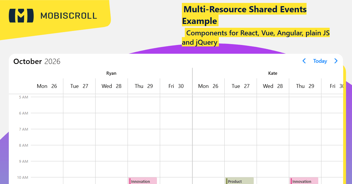 React Scheduler Multi-Resource Event Sharing Example | Mobiscroll