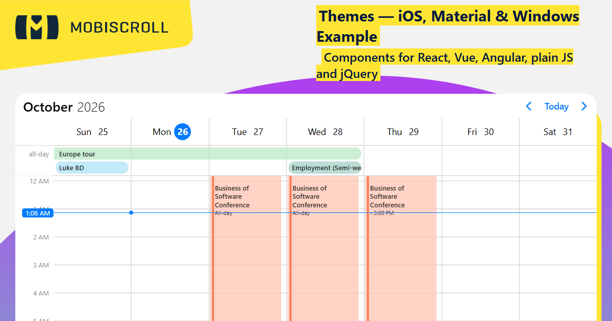Angular Scheduler iOS, Material & Windows Themes Example | Mobiscroll