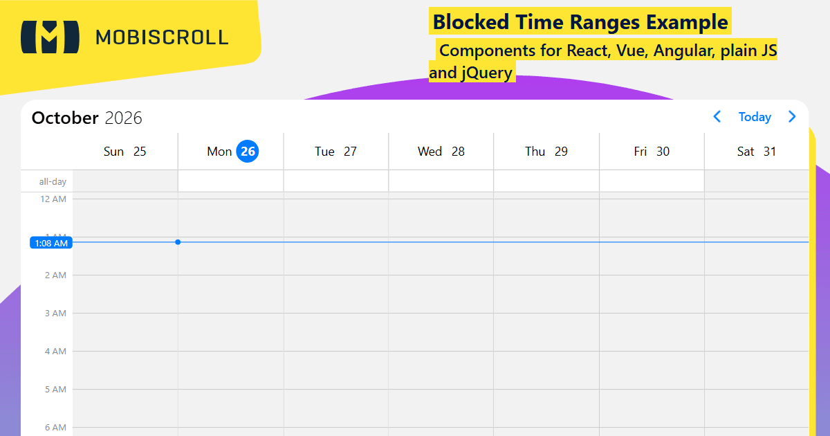 Javascript Scheduler Blocked Time Ranges Example | Mobiscroll