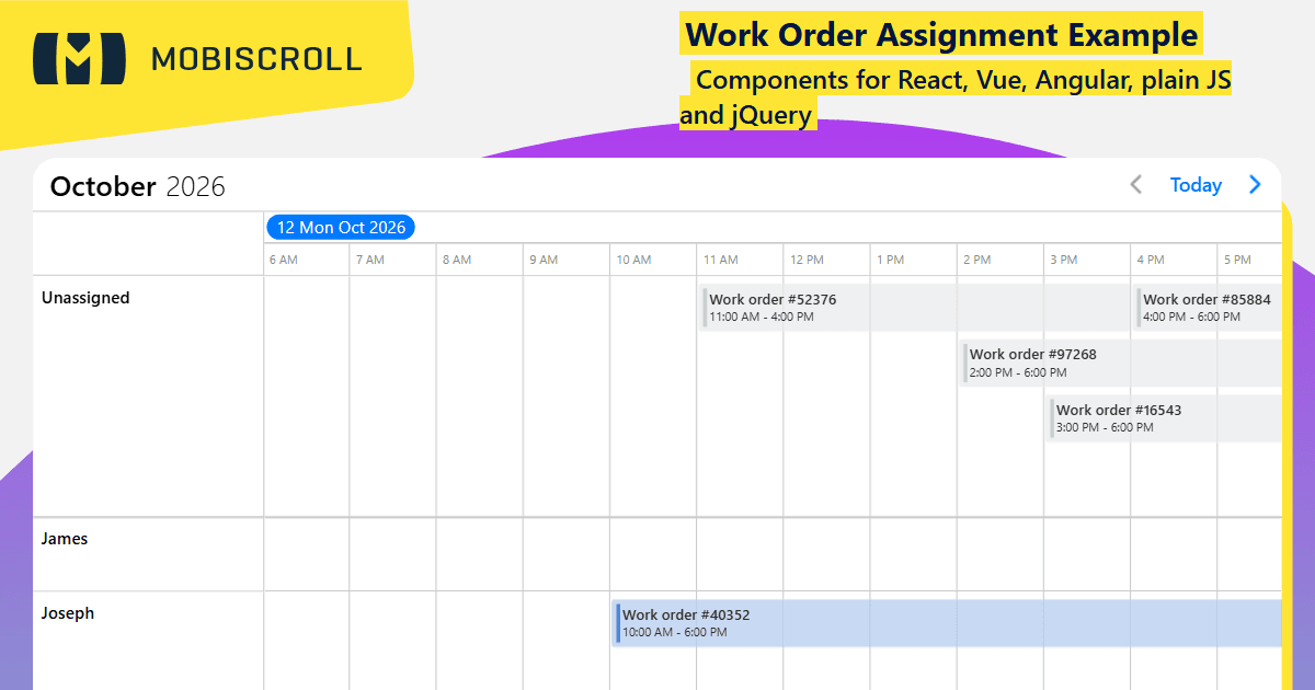 React Timeline Work Order Assignment Example | Mobiscroll