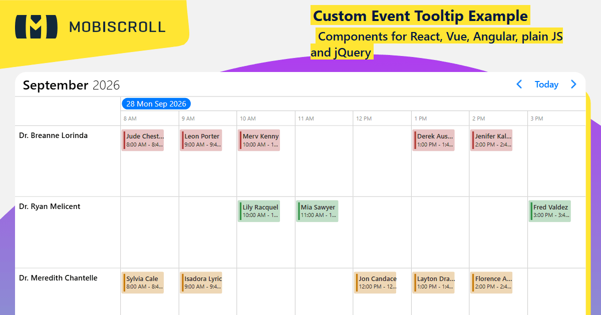 Javascript Timeline Custom Event Tooltip Example | Mobiscroll