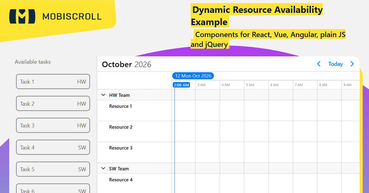 React Timeline Dynamic Resource Color and Availability Example | Mobiscroll