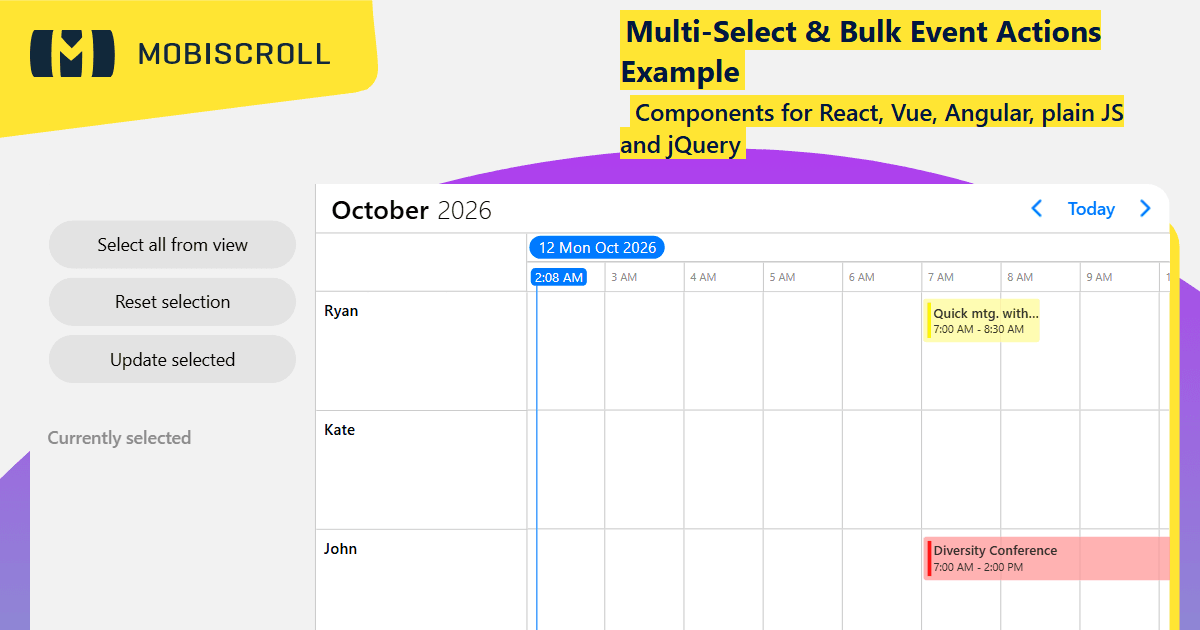 React Timeline Multi-Select Events & Bulk Edit Example | Mobiscroll