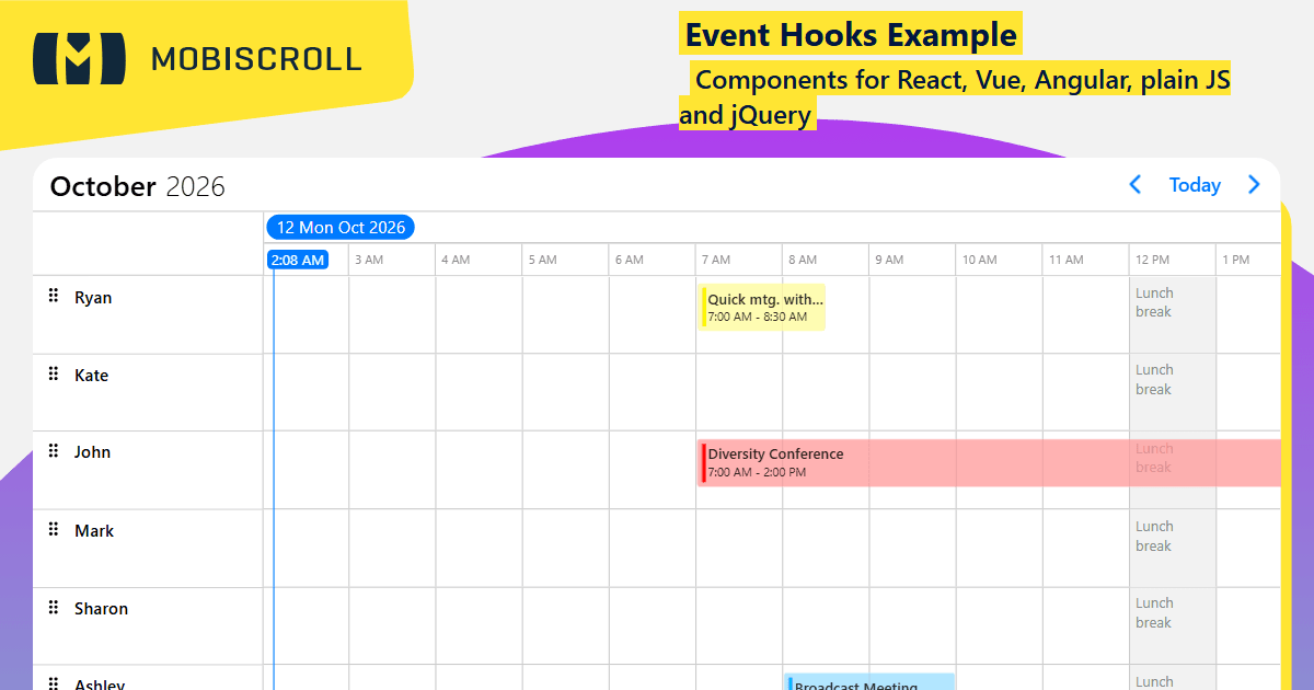 React Timeline Event Hooks Example | Mobiscroll