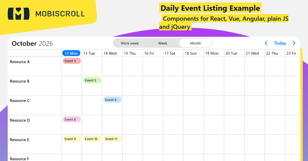 React Timeline Daily Event Listing Example | Mobiscroll