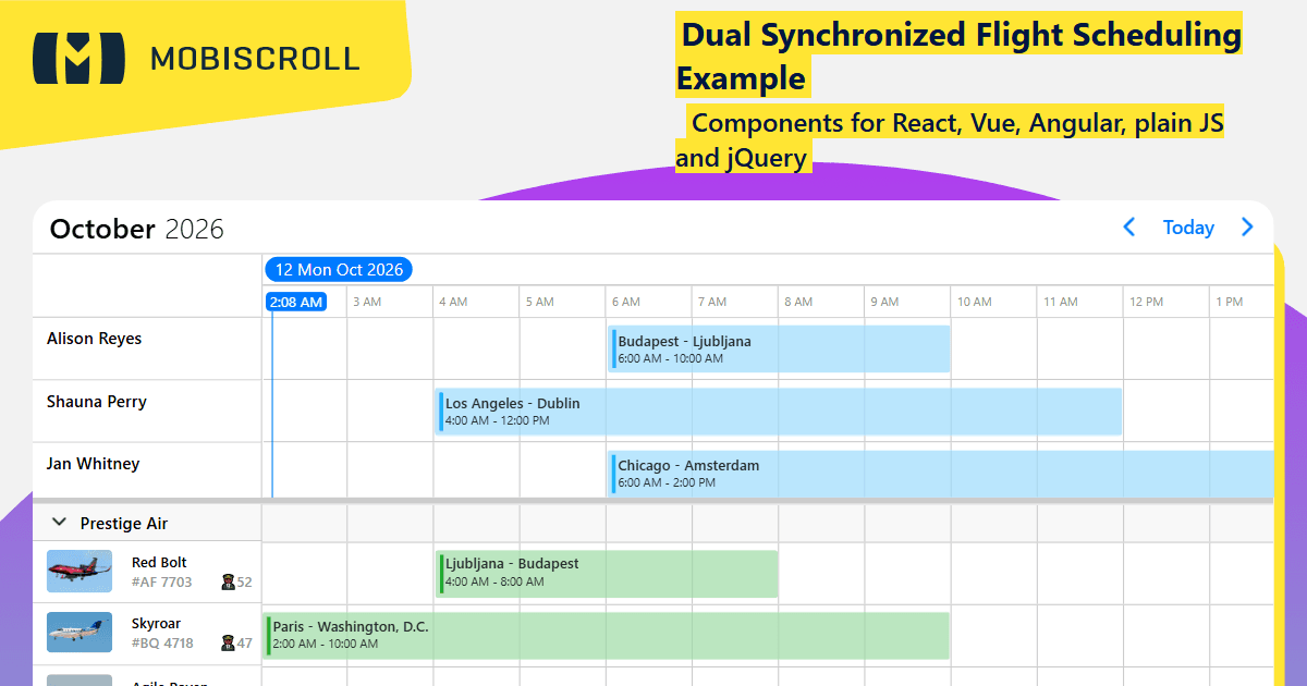 React Timeline Dual Synchronized Flight Scheduling Example | Mobiscroll