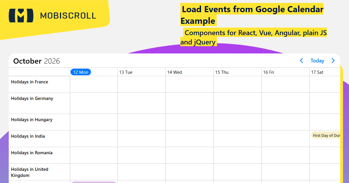 Angular Timeline Google Calendar Integration Example | Mobiscroll