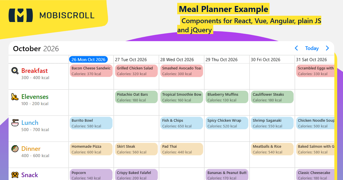 JQuery Timeline Meal Planner Example | Mobiscroll