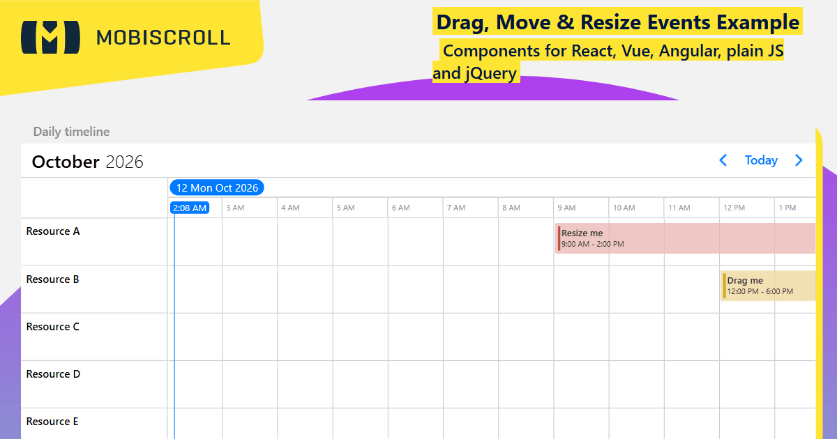 React Timeline Drag, Move & Resize Events Example | Mobiscroll