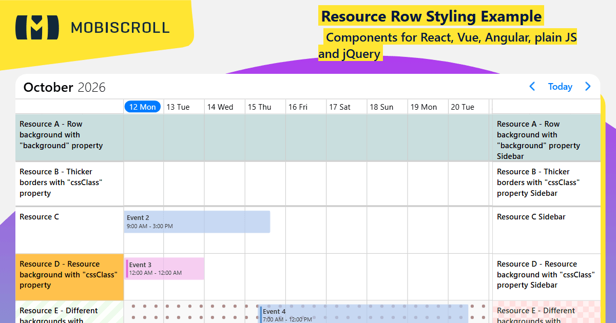 React Timeline Resource Row Styling Example | Mobiscroll