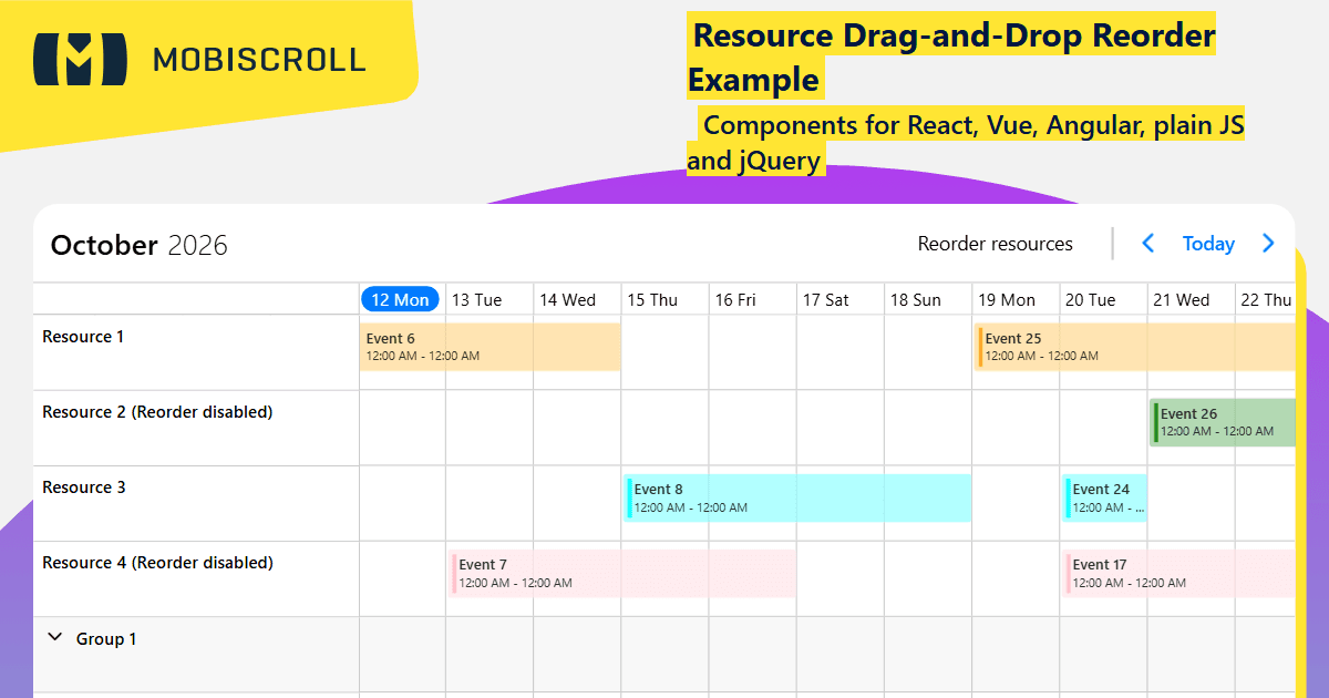 React Timeline Resource Drag and Drop Reorder Example | Mobiscroll