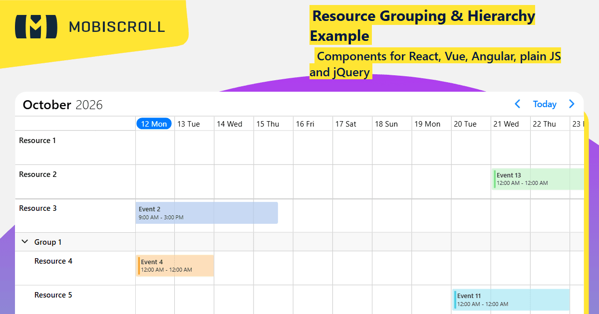 Javascript Timeline Resource Hierarchy & Grouping Example | Mobiscroll