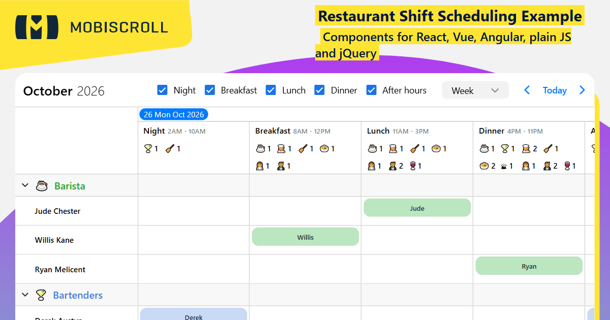 React Timeline Restaurant Shift Schedule Example | Mobiscroll