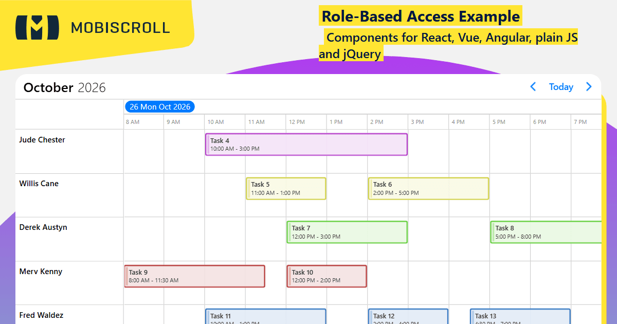 React Timeline Implementing roles and permissions Example | Mobiscroll