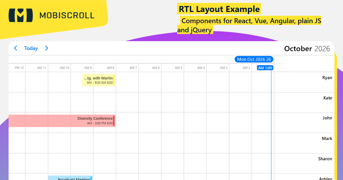 Javascript Timeline RTL Right-to-Left Support Example | Mobiscroll