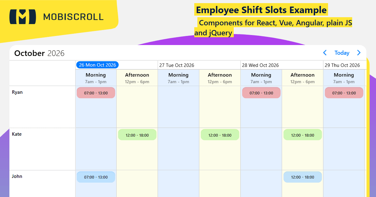 Angular Timeline Custom Time Slot Headers Example | Mobiscroll