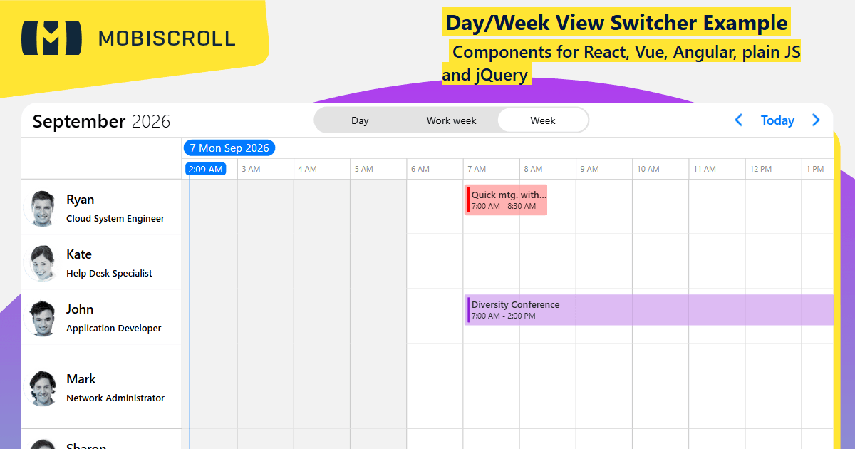 Task Week View Vue Timeline Day, Week and Work-Week View Switcher Example | Mobiscroll