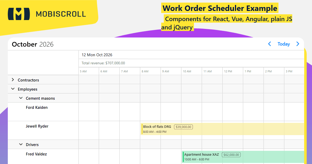 JQuery Timeline Work Order Scheduler Example | Mobiscroll