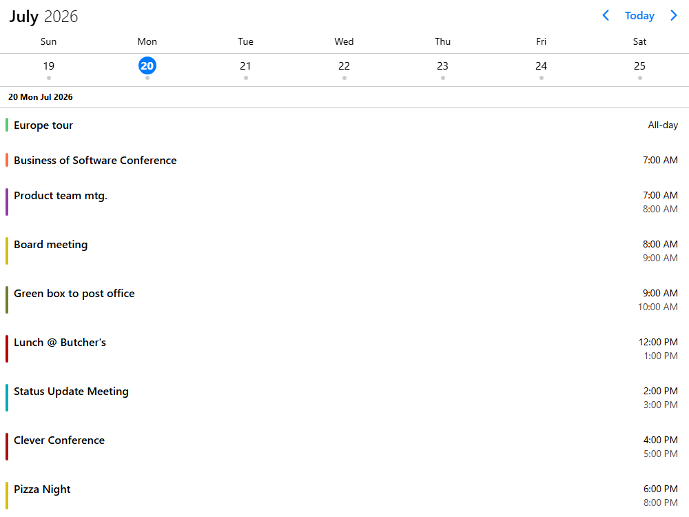Daily agenda with week calendar