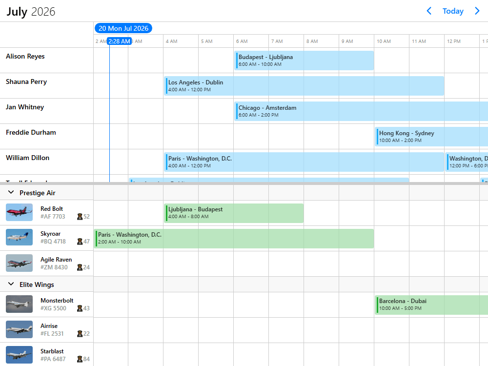 Flight scheduling with two synchronized timelines
